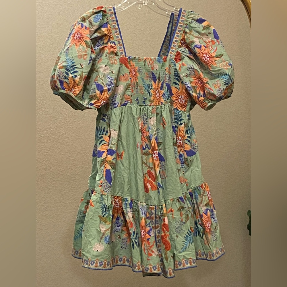 Farm Rio Bright Yard Floral Puff Sleeve Ruffled Tiered Mini Dress Size S - Picture 10 of 13